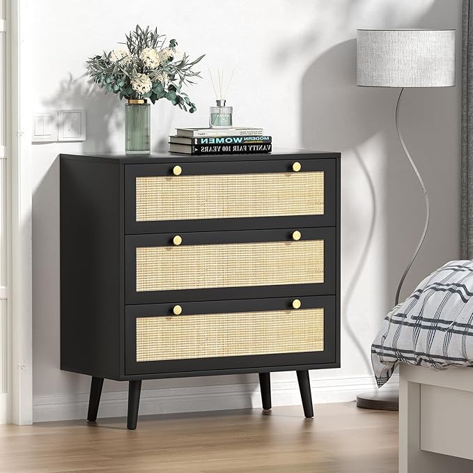 Anmytek Black Dresser for Bedroom with 3 Drawers, Modern Wood 3 Drawer Dresser, Black Chest of Drawer with Spacious Storage Rattan Dresser for Bedroom Living Room H0075