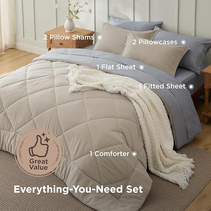 Bedsure King Size Comforter Set - 7 Pieces Reversible Beige Bedding, King Size Bed Set for All Seasons, Bed in a Bag with Down Alternative Comforter, Sheets, Pillowcases & Shams