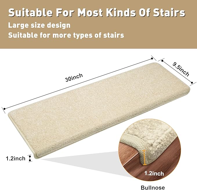 PURE ERA Bullnose Carpet Stair Treads Set Tape Free Non-Slip Indoor Stair Protectors Pet Friendly Rugs Covers Soft Skid Resistant Washable Reusable 9.5" x 30"(7 Pieces,Light Beige)