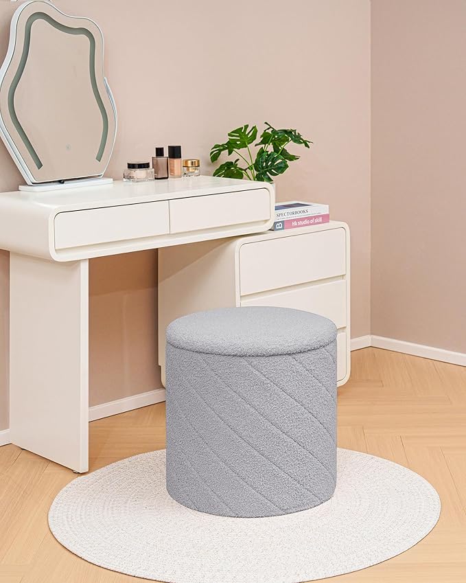 Round Boucle Storage Ottoman with Reversible Wood Tray, 17.7" Sherpa Cylinder Footrest Stool with Storage, Upholstered Folding Ottoman Coffee Table for Living Room Bedroom Dorm, Grey