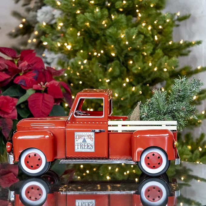 Zaer Ltd. Red Metal Christmas Pickup Truck Decoration (Medium 18" Long)