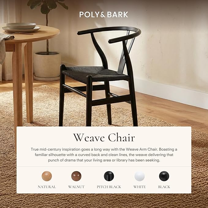 Poly & Bark Weave Dining Chairs – Mid-Century Modern Wishbone Dining Chairs with Arms, Solid Wood Frame, Indoor Use – Pitch Black – Single - Ideal for Dining Room, Kitchen or Stylish Accent Setting