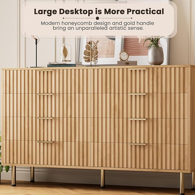 GarveeHome 8 Drawer Dresser for Bedroom, Fluted 55 in Wide Modern Chest of Drawers with Deep Drawers, Wooden Dresser Organizer for Living Room, Hallway, Kids Room, Natural