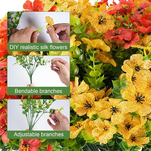 16 Bundles Artificial Fall Flowers for Outdoor Realistic Faux Flower Garden Home Decoration, Hanging Autumn Fall Decor Daisy with Eucalyptus Leaves Fake Plants Greenery Porch Patio Front Door Decors