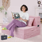 Folding Sofa Bed, 4 in 1 Convertible Sleeper Chair with Pillow, Twin Memory Foam Fold Out Chair Bed, Modern Floor Futon Sofa Couch Mattress for Living Room/Guest/Apartment, Pink