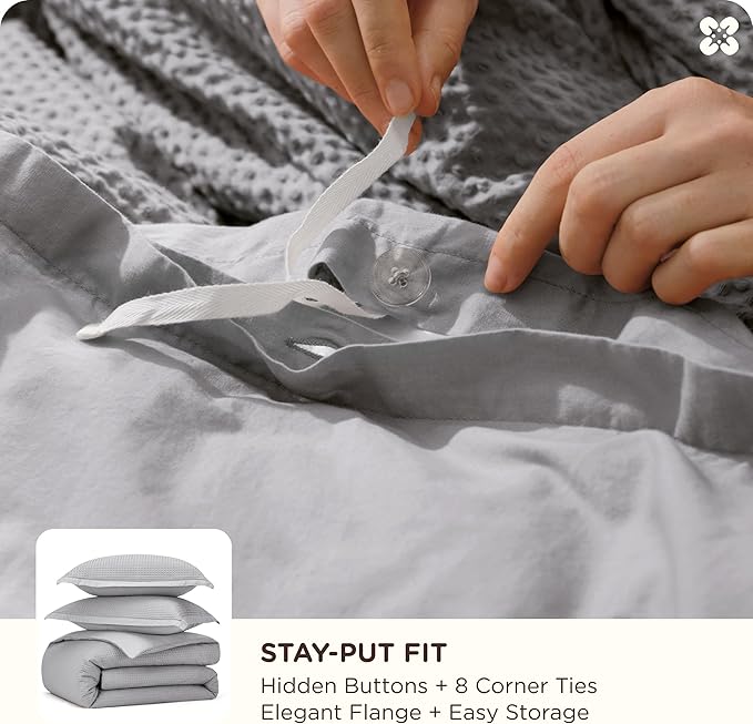 Bedsure Cotton Duvet Cover Queen - 100% Cotton Waffle Weave Grey Duvet Cover Queen Size, GentleSoft™ and Breathable Bedding Set for All Season, 3 Pieces, 90"x90"