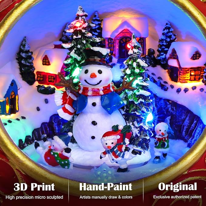 Christmas Village Scene Animated Rotating Snowman LED Lights Christmas Decorations Music with Volume Adjustment USB/Battery Collectible Buildings Figurines Globe Gifts