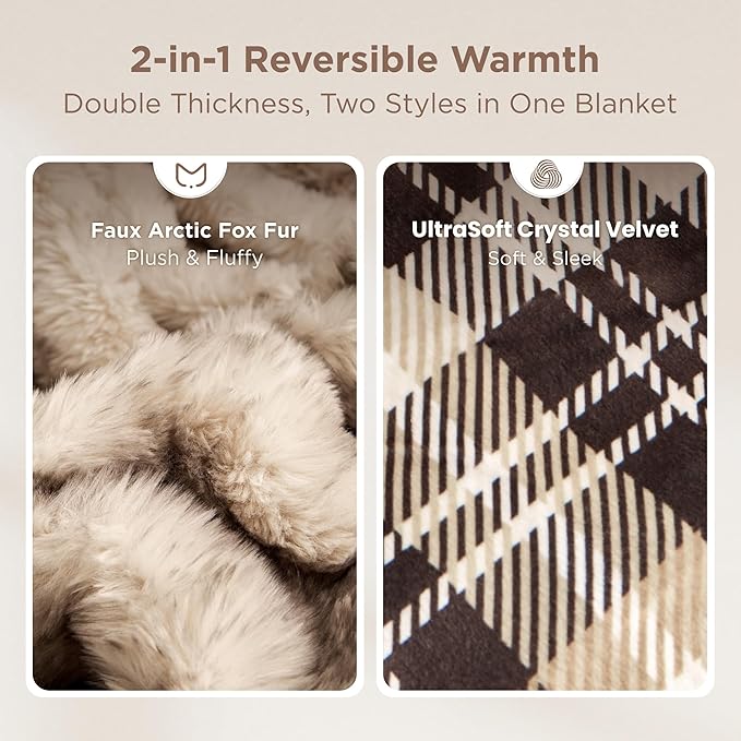 Sophia & William Fox Faux Fur Bed Blanket Throw for Couch(60x80 Inches), Luxury Fluffy Fuzzy Warm Soft Reversible Blankets, Plush Throw, 800GSM, Arctic Fox & Plaid