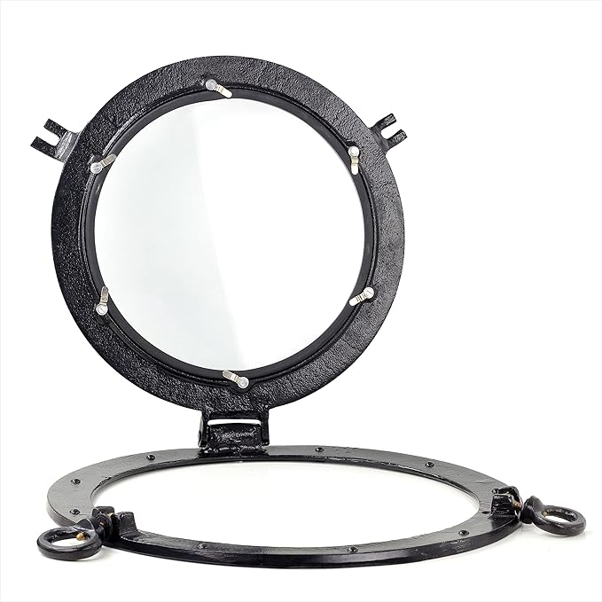Nagina International Deep Black Round & Circular Porthole Window With Transparent Glass | Vintage Handcrafted Wall Pediments & Sculptures | Maritime Boat Decor | Grooved Secondary Frame Design (17 Inches)