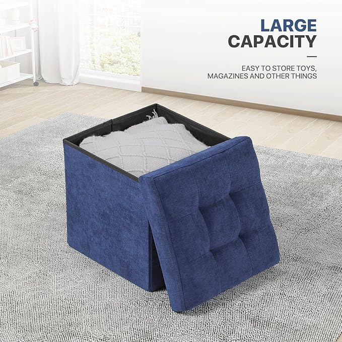 MoNiBloom 15 Inch Storage Ottoman Cube, Folding Square Foot Rest Stool, Small Ottoman Footrest with Storage for Living Room, Bedroom, Entryway, Navy Blue