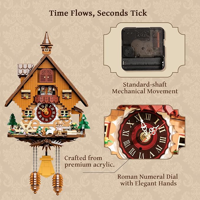 PANTASY Cuckoo Clock Building Block Set-Vintage Chalet Design, Real Working Mechanical Wall Clock Model with Motorized Cuckoo, Rotating Stage, and Waterwheel-Perfect for Adult Builders and Home Décor