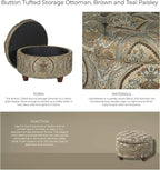 Homepop Home Decor |N8264-F1044 | Large Button Tufted Woven Round Storage Ottoman | Ottoman with Storage for Living Room & Bedroom, Traditional Paisley