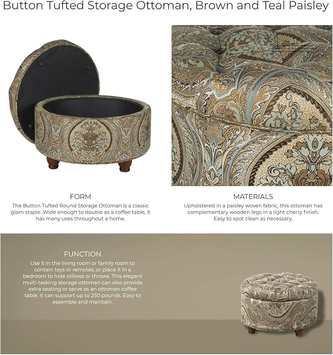 Homepop Home Decor |N8264-F1044 | Large Button Tufted Woven Round Storage Ottoman | Ottoman with Storage for Living Room & Bedroom, Traditional Paisley