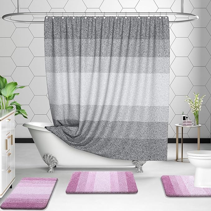 OLANLY Bathroom Rug Set 2 Piece, Soft Absorbent Microfiber Bath Mats and U-Shaped Contour Toilet Rug, Non-Slip, Machine Wash Dry, Plush Shaggy Bath Mats for Bathroom (30"x20"+24"x20", Pinkish-Purple)