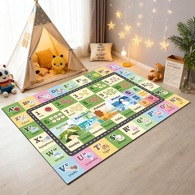 Kids ABC Rug for Playroom, Classroom Alphabet Area Carpet Playmat,Washable Toddler Mat for Baby Room,Play Room,Bedroom,Floor,Nursery (Green,4'x6')
