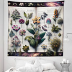 Ambesonne Botanic Tapestry Queen Size, Wildflowers on an Open Vintage Book with Galactic Milky Way Swirls, Wall Hanging Bedspread Bed Cover Wall Decor, 88" X 88", Forest Green and Multicolor