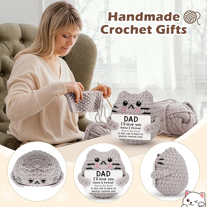 Fathers Day Dad Gifts from Son Daught Wife, Positive Crochet Animal Birthday Gifts for Bonus Dads Step,I Love You Dad Gift Idea,Handmade Emotional Crochet Cat