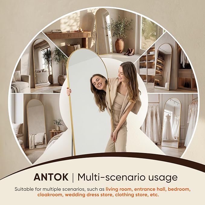 Antok Full Length Mirror, 59"x18" Floor Mirror, Arched Floor Standing Freestanding Arch Full Body Mirrors with Stand for Bedroom, Hanging Mounted for Living Room Cloakroom,Gold