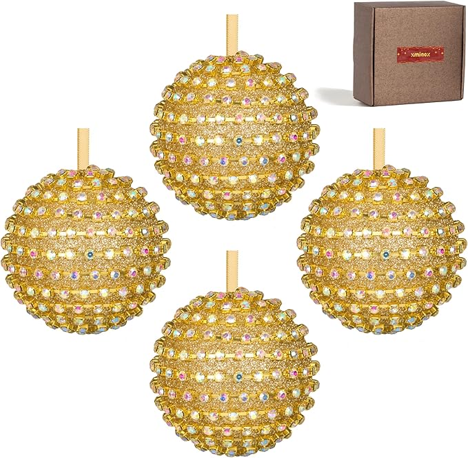 Iridescent Crystal Rhinestone Ball Ornaments, 4 Pack Handcrafted Sparkling Christmas Tree Decorations, Hanging Ornaments for Holiday & Home Décor in Luxury Gift Box