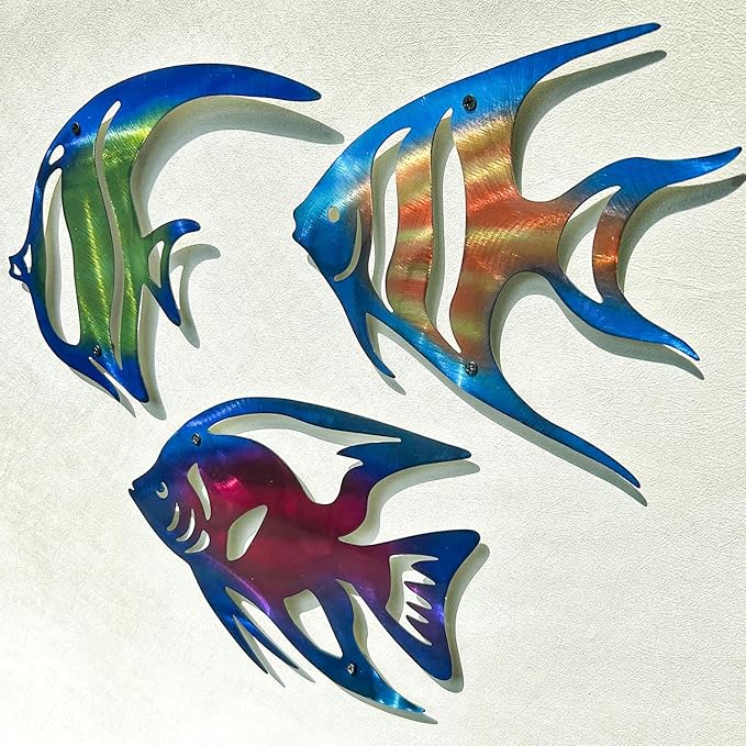 LiveInUrban Coastal Wall Art Angelfish Metal Wall Sculptures, Ocean Beach Themed Metal Hanging Home Decoration 3PCS 9.9"x7.8"