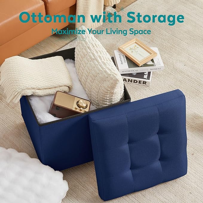 BRIAN & DANY Ottoman with Storage, Square Storage Ottoman for Dorm, Linen Folding Ottoman Foot Stool with Legs for Living Room and Bedroom, 17.7"x17.7"x20" - Blue