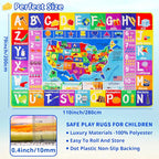 USA Map ABC Kid Rug for Playroom 110"×78.7"Geography Classroom Play Rug Educational Baby Playmat State Symbols, ABC Letters, Numbers, Seasons&Shapes Fluffy Ployester Non-Slip Preschool Nursery Rug