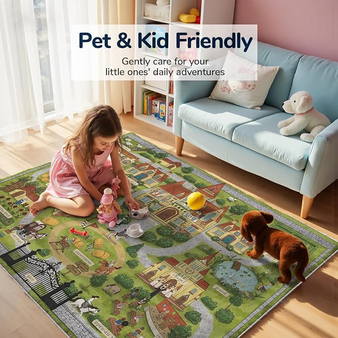 4x6ft Kids Manor Tour Play Rug,Non-Slip Faux Wool Carpet with Interactive English Words, Educational Manor Map Design for Playroom, Bedroom, Nursery Gift