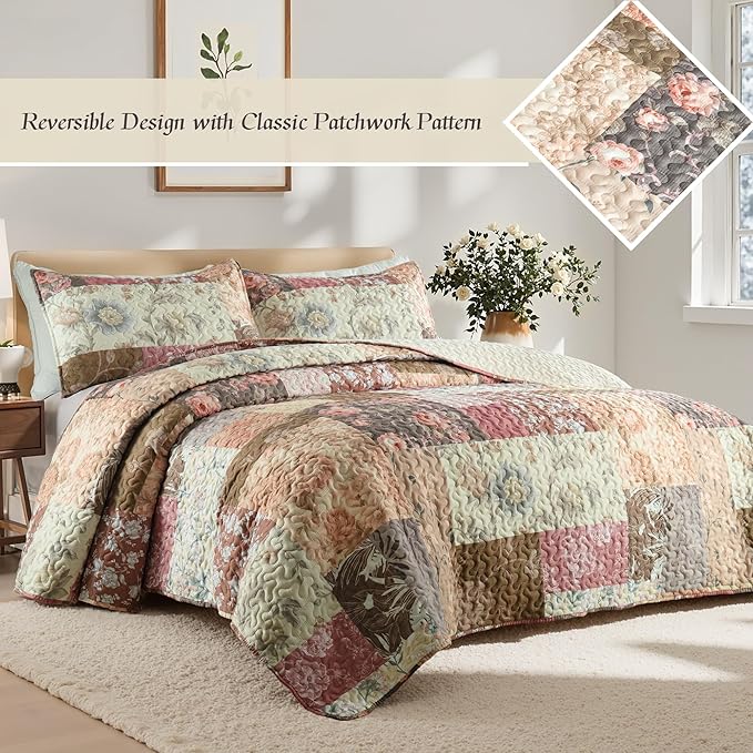 Whale Flotilla Patchwork Quilt King Size, Soft Boho Floral Bedspreads for Bed Reversible Lightweight King Quilt Bedding Set Coverlets with 2 Pillow Shams for All Seasons, Vintage Red Flowers