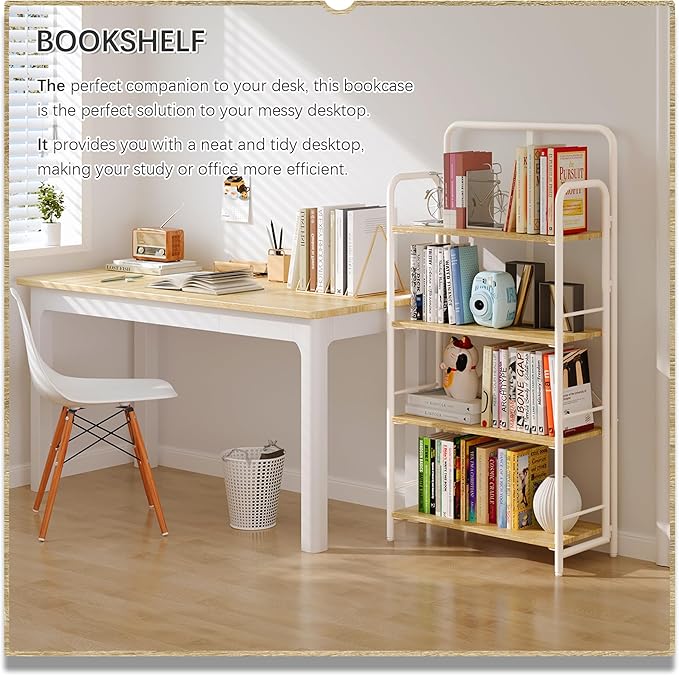 4NM No Assembly Folding Bookshelf, 4 Tiers Collapsible Book Shelves Open Industrial Foldable Storage Bookcase Shelf for Bedroom, Living Room, Home Office - Natural and White