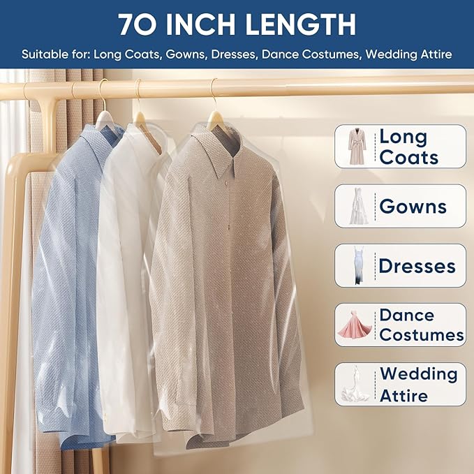 50 Pack 23.6"x70" Garment Bags for Hanging Clothes, Thick Clear Plastic Dry Cleaning Covers for Closet Storage & Travel