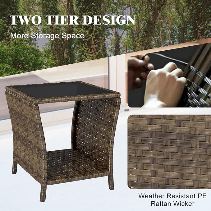 Outdoor Wicker Side Table Rattan Side Tables End Table for Patio with Glass Top Rattan Storage for Patio Garden Balcony
