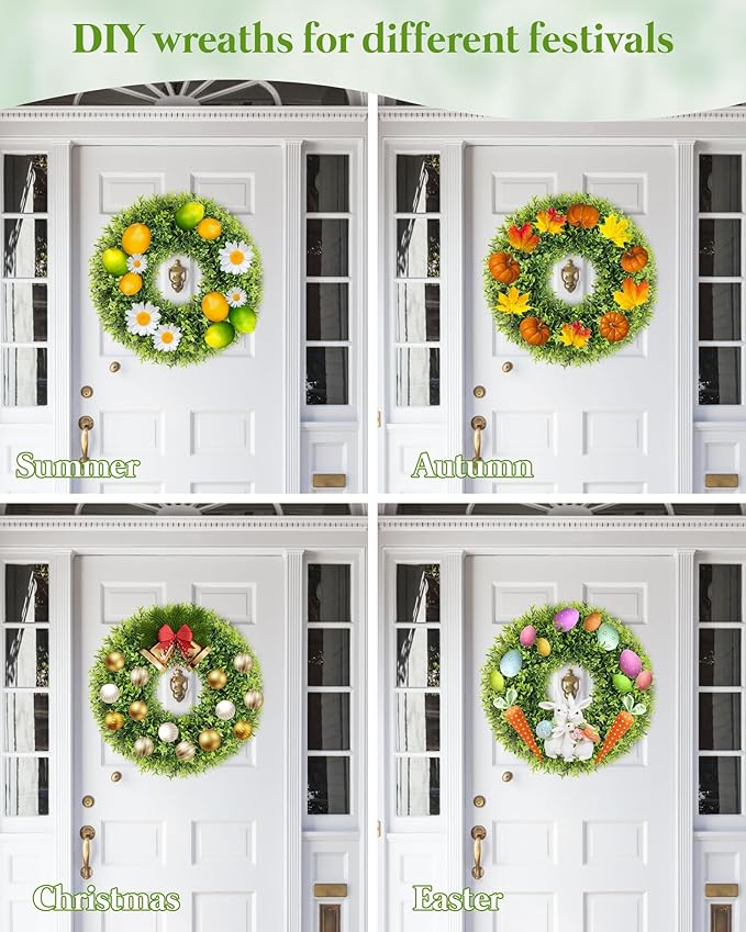 22 Inch Artificial Boxwood Wreaths for Front Door, Summer Door Wreath with Sash, Spring Green Wreath Weatherproof for Wall Window Porch Farmhouse Wedding Decor All Year Round Indoor Outdoor
