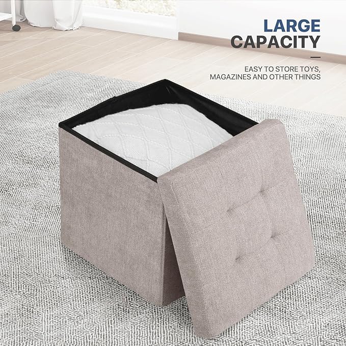MoNiBloom 15 Inches Storage Ottoman Cube, Folding Square Foot Rest Stool, Small Ottoman Footrest with Storage for Living Room, Bedroom, Entryway, Sandy Beige