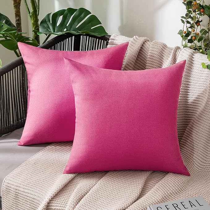 MIULEE Pack of 2 Decorative Outdoor Solid Waterproof Throw Pillow Covers Faux Linen Garden Farmhouse Cushion Cases for Patio Tent Balcony Couch Sofa 20x20 Inch Hot Pink