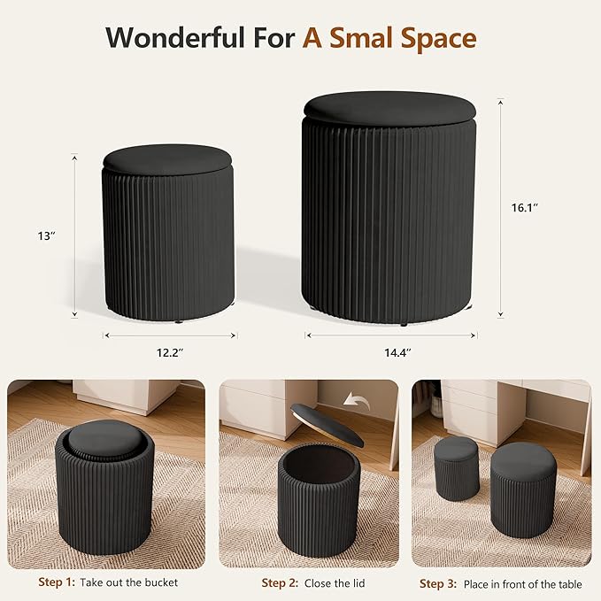 Ottoman with Storage Set of 2, Velvet Round Storage Ottoman, Upholstered Sponge Vanity Stool Support 300lbs, Multifunctional Coffee Table Foot Rest Ottomans for Living Room Bedroom, Black