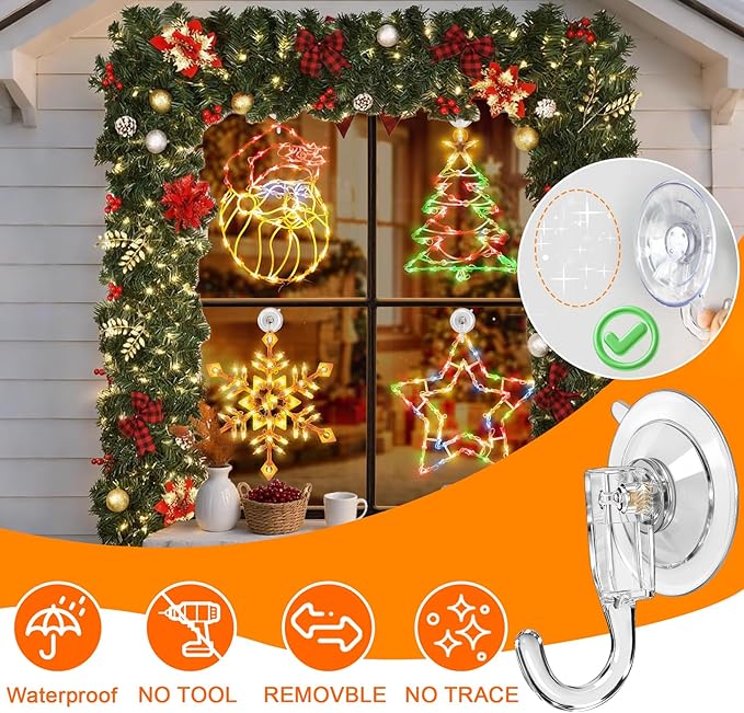 Wreath Hangers for Front Door, Clear Suction-Cup-Hooks Wreath-Door-Hanger on Glass Window,Christmas Decorations Indoor Outdoor Over The Doors Xmas Thanksgiving Hooks ,Removable and Reusable, 4 Pack