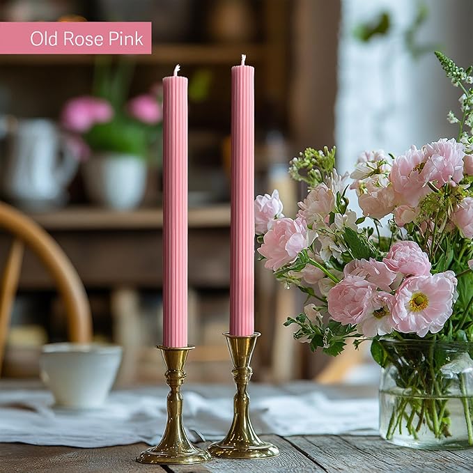 10" Candle Sticks, Ribbed Taper Candles, 2 Pink Shades, 4-Pack, Unscented