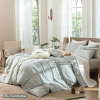 MooMee Striped Duvet Cover Set 100% Washed Cotton Linen Like Textured Breathable Durable Soft Comfy (Heathered Green Classic Stripes, Twin 68"x90")