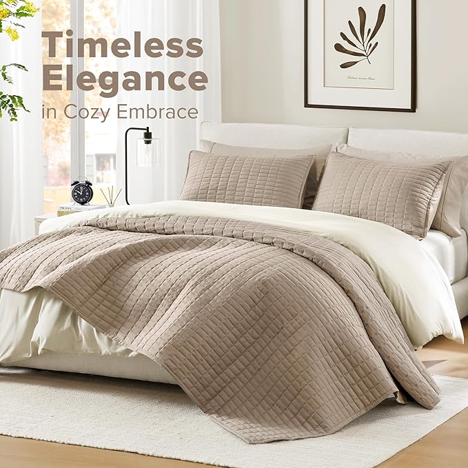 Comfort Spaces - CS13-0933 Kienna Quilt Coverlet Bedspread Ultra Soft Hypoallergenic All Season Lightweight Filling Stitched Bedding Set, Oversized Queen(102"x118"), Taupe 3 Piece