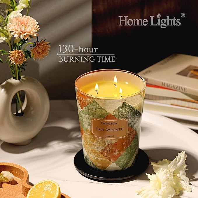 HomeLights Scented Candles | Large Jar 34 Oz Natural Soy Candle | 130 hrs Long-Lasting with 3 Wicks | Rustic Modern Home Decor | Gifts for Mom & Women, Fall Wreath