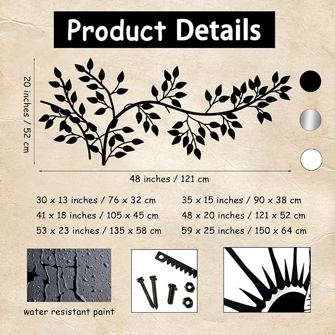 yumcake Metal Tree Leaf Wall Decor, Metal Tree Wall Art, Vine Olive Branch Leaf, Leafy Ivy, Leaves Hanging Wall Art, Branch Wall Decor for Living Room (Silver, 35 x 15 inches / 90 x 38 cm)