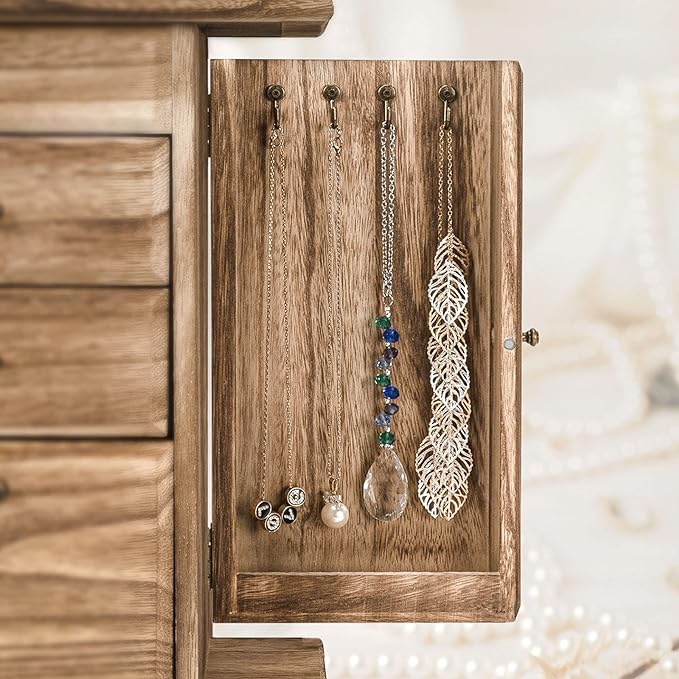 Emfogo Jewelry Box for Women, Rustic Wooden Jewelry Boxes & Organizers with Mirror, 4 Layer Jewelry Organizer Box Display for Rings Earrings Necklaces Bracelets (Rustic Brown)