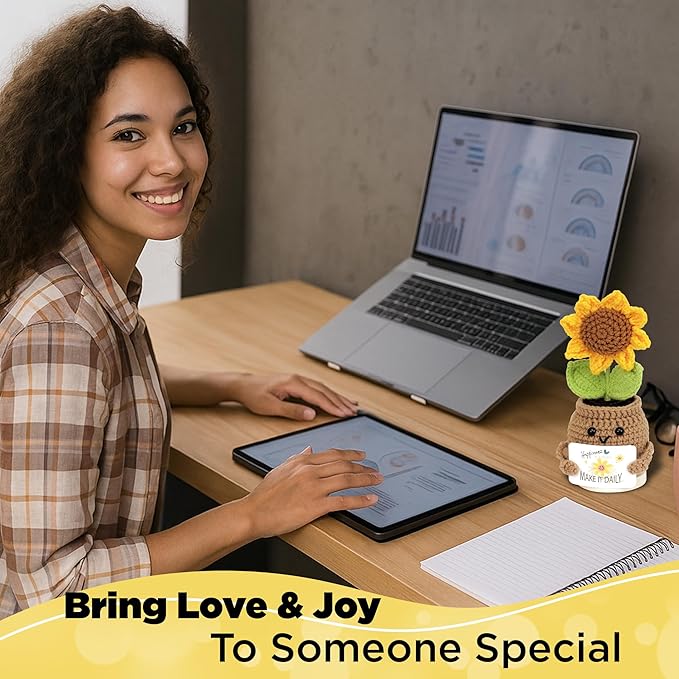 DUGATO Handmade Crochet Positive Sunflower with Magnetic Hands & 10 Customizable Cards - Uplifting Gift for Women, Friends, Coworkers - Cute Desk Decor for Office & Home