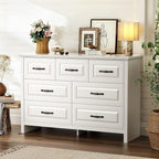 Marsail Farmhouse 7 Drawer Dresser, Wood Chest of Drawers with Natural Texture, Smooth Gliding Drawers, Versatile Storage Organizer Cabinet for Bedroom & Living Room, White