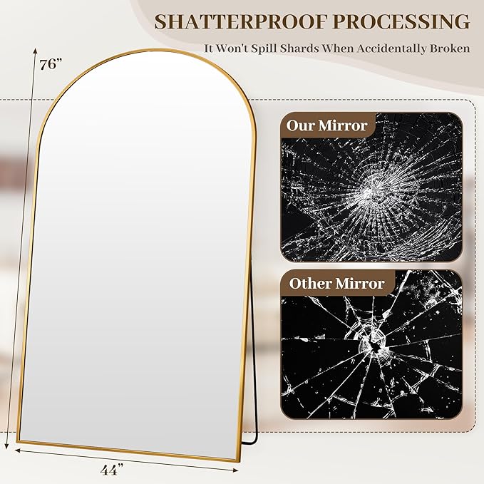 Suidia Arched Full Length Mirror, 76"x44" Floor Mirror Freestanding, Floor Standing Full Body Mirror with Stand for Bedroom, Hanging Leaning Mounted for Living Room Cloakroom, Gold