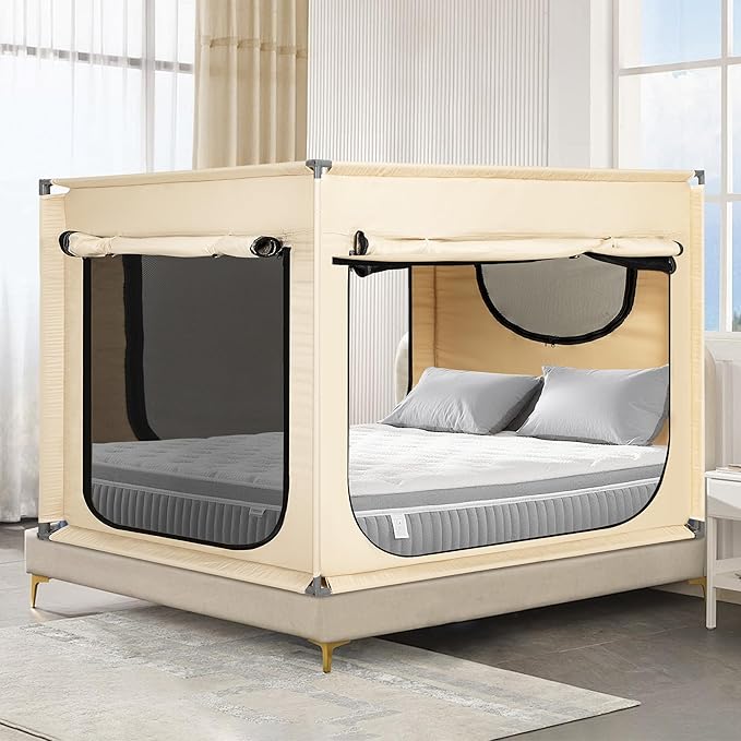 Bed Canopy Portable Blackout Bed Tent Privacy Tent for Adult Indoor Sleeping with 3 Doors, Storage Bag