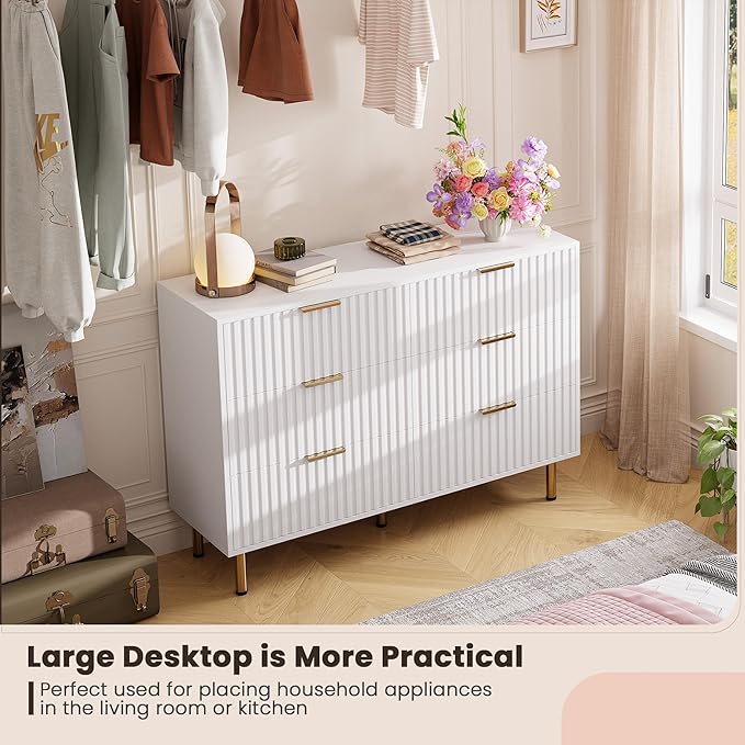 GarveeHome White 6 Drawer Dresser for Bedroom, Fluted 47.2 in Wide Modern Chest of Drawers with Deep Drawers, Long Large Double Dresser TV Stand for Living Room, Hallway, Kids Room