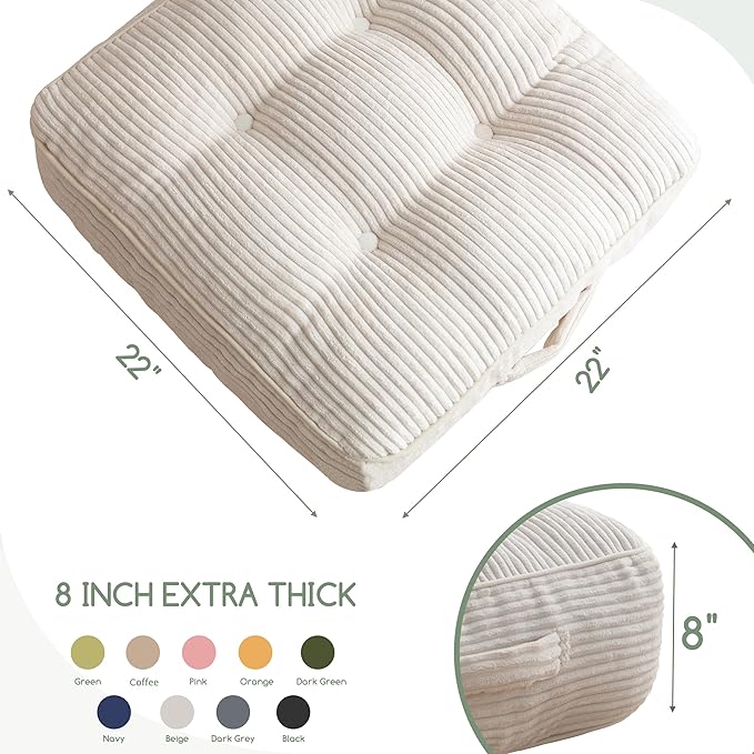 8" Washable Floor Pillow Cushion for Adults, Meditation Cushion Pillow, Large Square Floor Sitting, Removable Tufted Corduroy Cover, for Tatami Living Room or Yoga, 22x22 Inch, Machine Washable