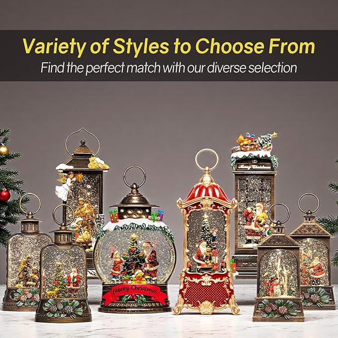14" Christmas Snow Globe Lantern with Santa Claus - Swirling Glitter LED Light Musical Water Lantern with Rotatable Interior - Vintage Xmas Gifts - USB Plug or Battery Operated Home Decor (Palace Red)