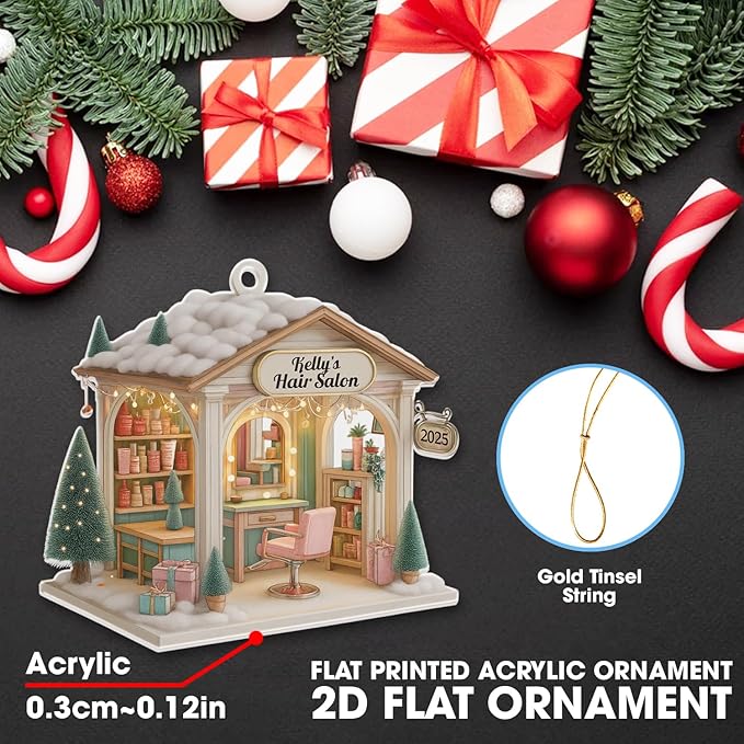 Personalized Hair Salon Christmas Ornament 2025, Flat Acrylic 2D Printed Ornament, Custom Name Hair Stylist Ornament, for Hairdresser, Christmas Tree Decoration